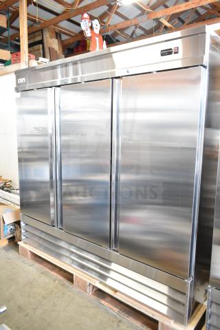 Brand new 2025 Avantco 178SS3RHC commercial 3-door reach-in cooler, stainless steel, 115V, 1 Phase, minor scratches.