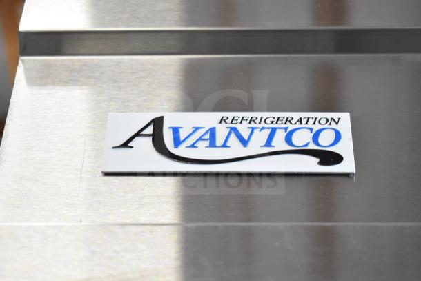 Avantco logo on stainless steel surface of new 2025 Avantco 178SS3RHC 3-door commercial cooler, 115 Volts, 1 Phase.