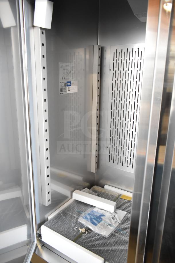 Brand new Avantco 178SS3RHC commercial 3-door reach-in cooler, 115V, 1 phase. Interior view with packaging.
