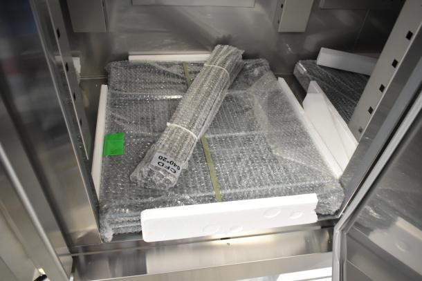 Brand new Avantco 178SS3RHC commercial 3-door cooler, shown with packaging. Scratch and dent condition. 115V, 1 phase.