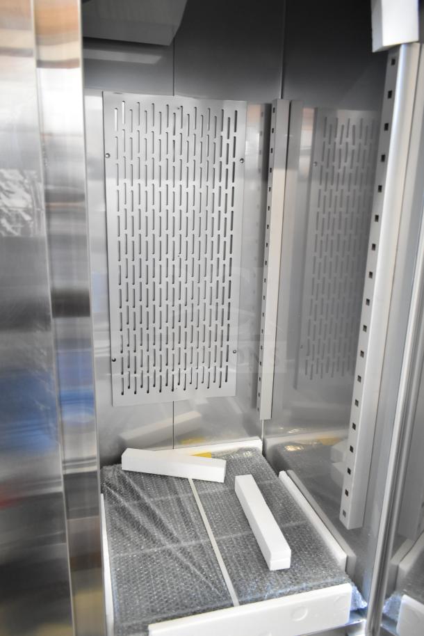 Brand new Avantco 178SS3RHC commercial cooler interior. Scratch and dent condition. Three doors, 115 volts, 1 phase.