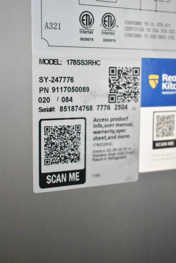 Alt Text: 

Label on Avantco 178SS3RHC Commercial Cooler showing model, serial number, and QR codes for product info.