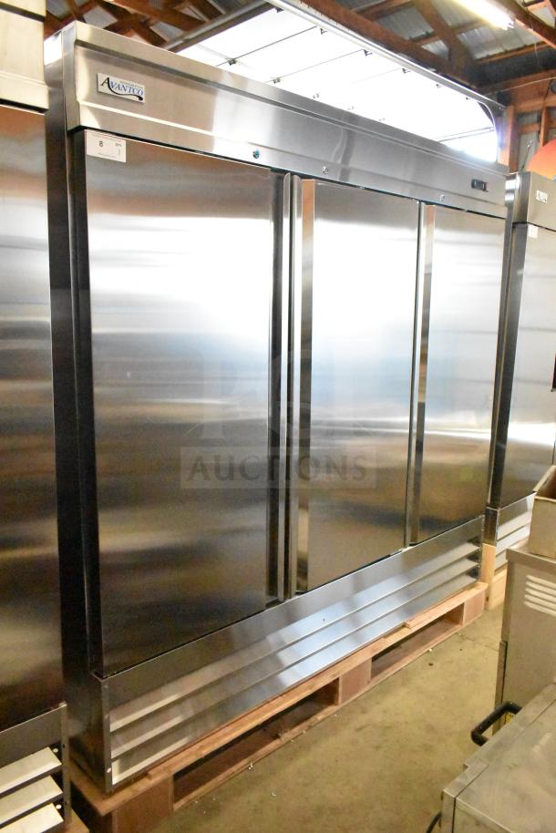 Brand new Avantco 178SS3FHC commercial 3-door reach-in freezer, stainless steel, 115V, 1 phase, scratch and dent condition.