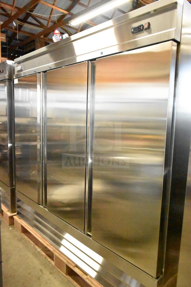Brand new 2025 Avantco 178SS3FHC 3-door stainless steel freezer, commercial grade, 115V, with minor scratch and dent.
