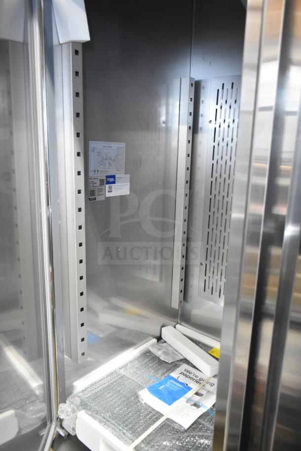 Brand new Avantco 178SS3FHC Commercial 3 Door Reach-In Freezer, scratch and dent, 115V, 1 Phase, interior view with labels.