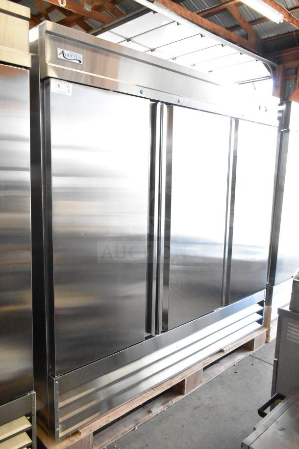 Brand new Avantco 178SS3FHC commercial 3-door reach-in freezer. Scratch and dent. Stainless steel, 115V, 1 phase.
