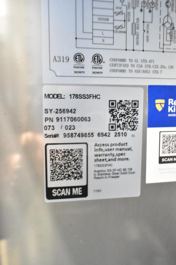 Avantco 178SS3FHC commercial 3-door freezer label, showing model, serial number, and certification details. 115V, brand new.