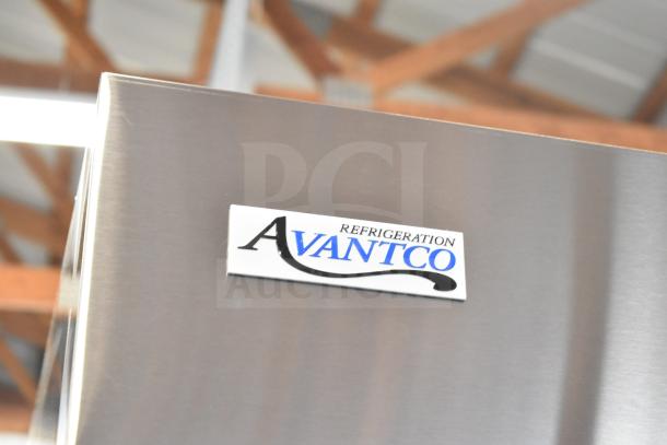 Brand new Avantco 178A49RHC commercial 2-door reach-in cooler, 115V, stainless steel, scratch and dent condition, logo visible.
