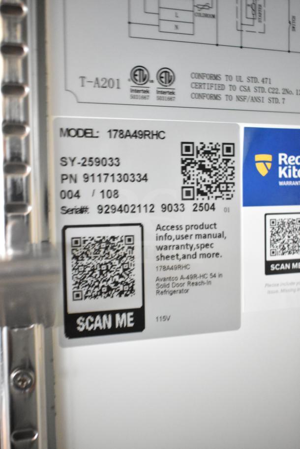 2025 Avantco 178A49RHC Commercial 2 Door Reach-In Cooler label, 115V, includes QR codes for product info and warranty.