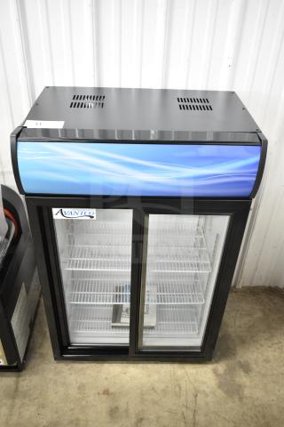 BRAND NEW Avantco 360CSM4HCB countertop display refrigerator, black, sliding door, merchandising panel, 110-120V, 1 Phase.