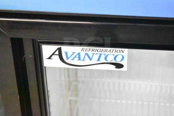 Avantco black display refrigerator model 360CSM4HCB, brand new with scratch and dent, features sliding door.