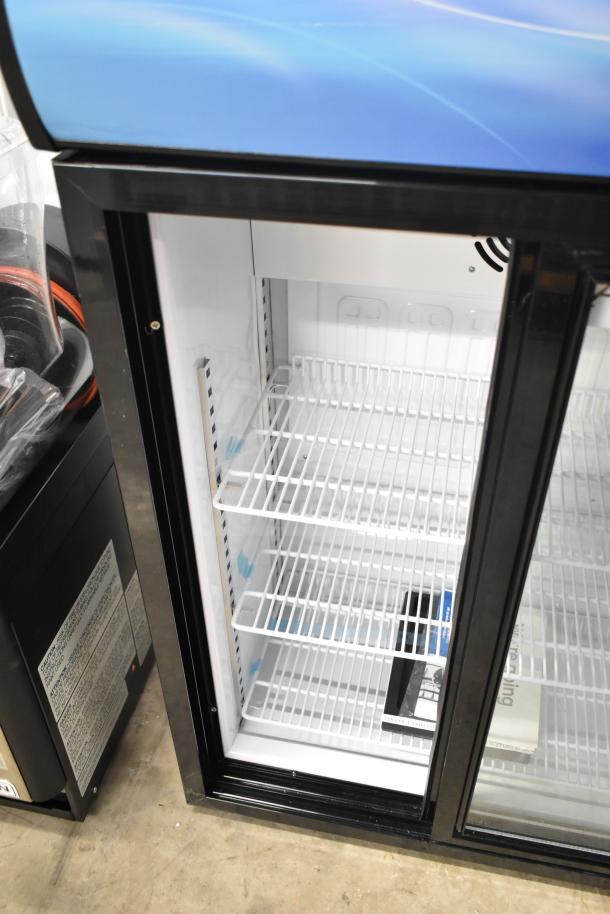 Brand new Avantco 360CSM4HCB customizable countertop display fridge with sliding door, black, 110-120V, 1 phase.