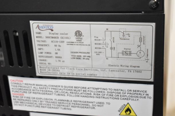 Avantco display cooler model 360CSM4HCB label, showing voltage, frequency, amperage, lamp power, and wiring diagram.