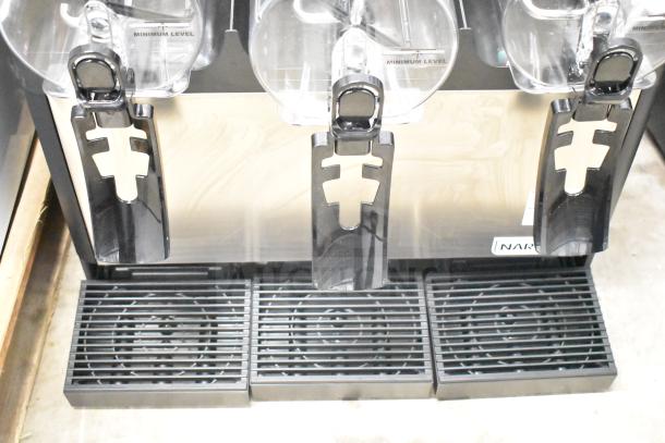 Brand New Narvon 378RBD3G3 Triple 3-Gallon Refrigerated Beverage Dispenser, scratch and dent, 115V, 1 Phase. Three spouts, black drip trays.