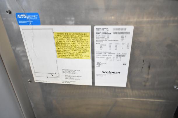 Scotsman HID312A-1A Meridian ice machine labels showing specifications and warnings. 115V, 1 Phase. New, scratch and dent.