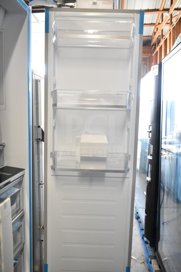 Brand new scratch and dent single door reach-in cooler, 115 volts, 1 phase, features shelves and clear door bins.