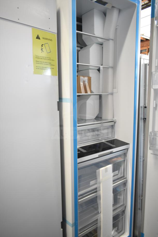 Brand new single door reach-in cooler, 115V, 1 phase. Includes protective packaging, minor cosmetic dents visible.