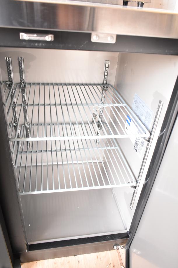 Brand new 2025 Avantco 178UBB48HC 48" black counter height back bar refrigerator, LED lighting, 115V, scratches visible.