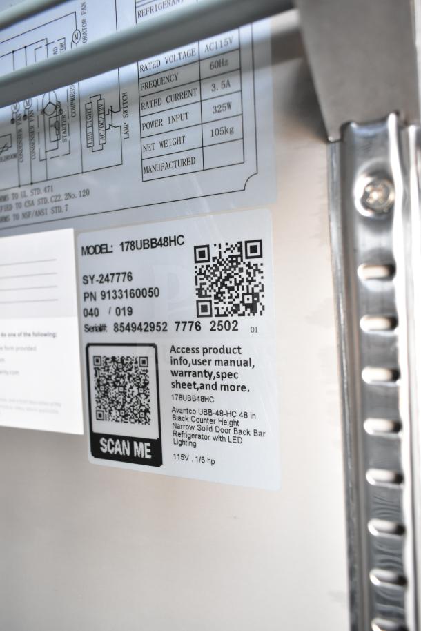 Brand new Avantco 178UBB48HC back bar refrigerator; features LED lighting, 115V, QR code for product info.