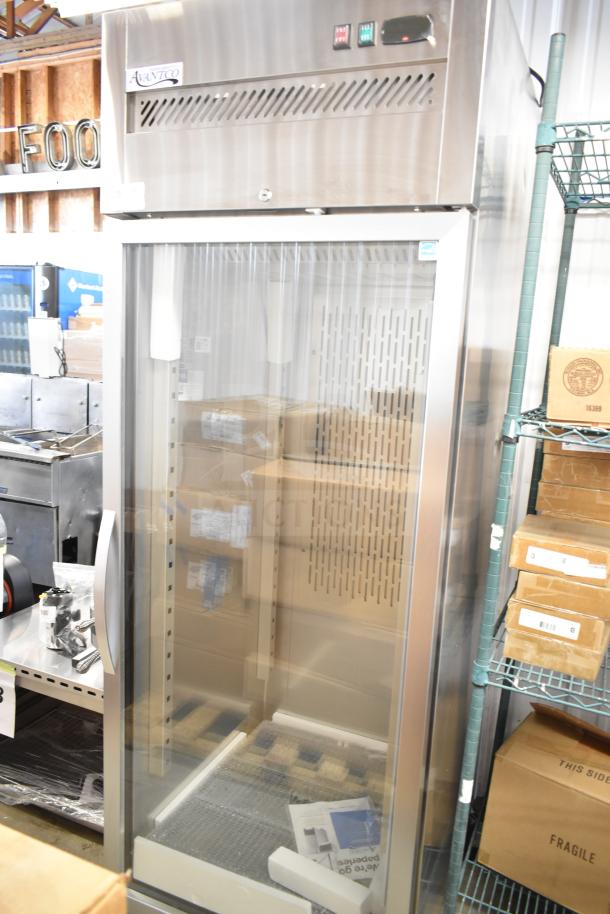 Brand new Avantco 178Z1RGHC commercial single door reach-in cooler, 115V, slight scratch and dent, glass door, steel exterior.