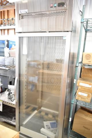 Brand new Avantco 178Z1RGHC commercial single door reach-in cooler, 115V, slight scratch and dent, glass door, steel exterior.