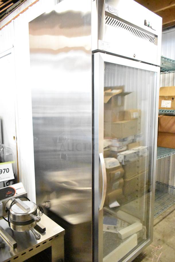 Brand new Avantco 178Z1RGHC commercial single door cooler, 115 volts, 1 phase, stainless steel with minor scratches.