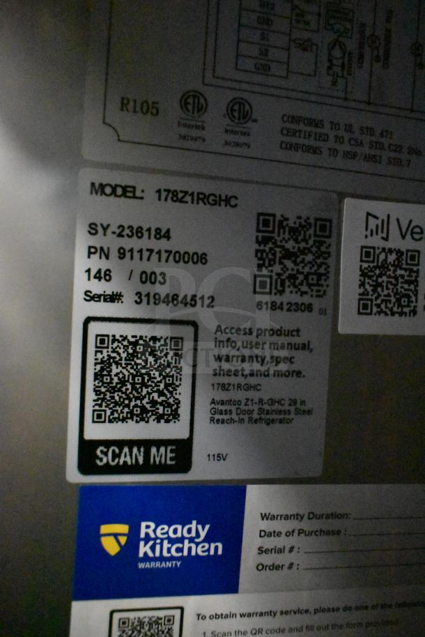 Brand new Avantco 178Z1RGHC cooler label, model and serial numbers visible, 115V, warranty info included.