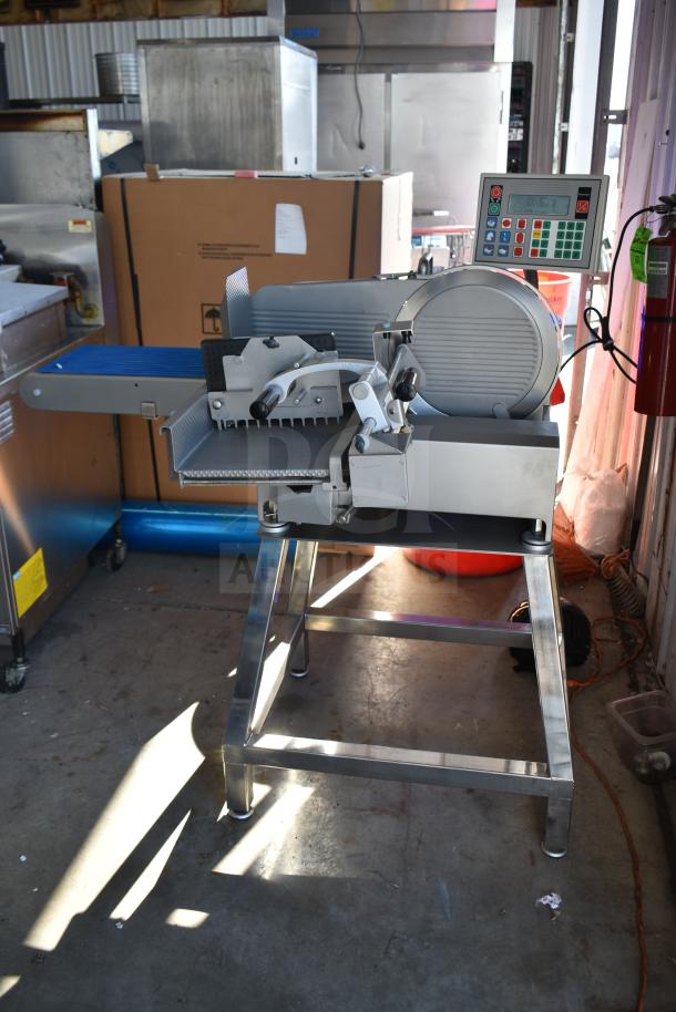 Jaccard Conveyor commercial floor meat slicer stacker, 115V, 1-phase, with control panel, in used condition.