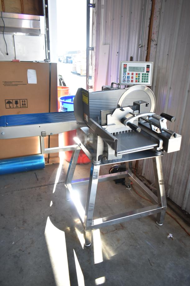 Jaccard Conveyor Commercial Floor Style Meat Slicer Stacker, 115 Volts, 1 Phase. Features a control panel and stainless steel frame.