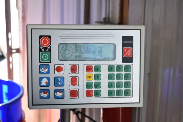 Jaccard Conveyor Commercial Floor Style Meat Slicer Stacker control panel. LCD shows settings and slice options.