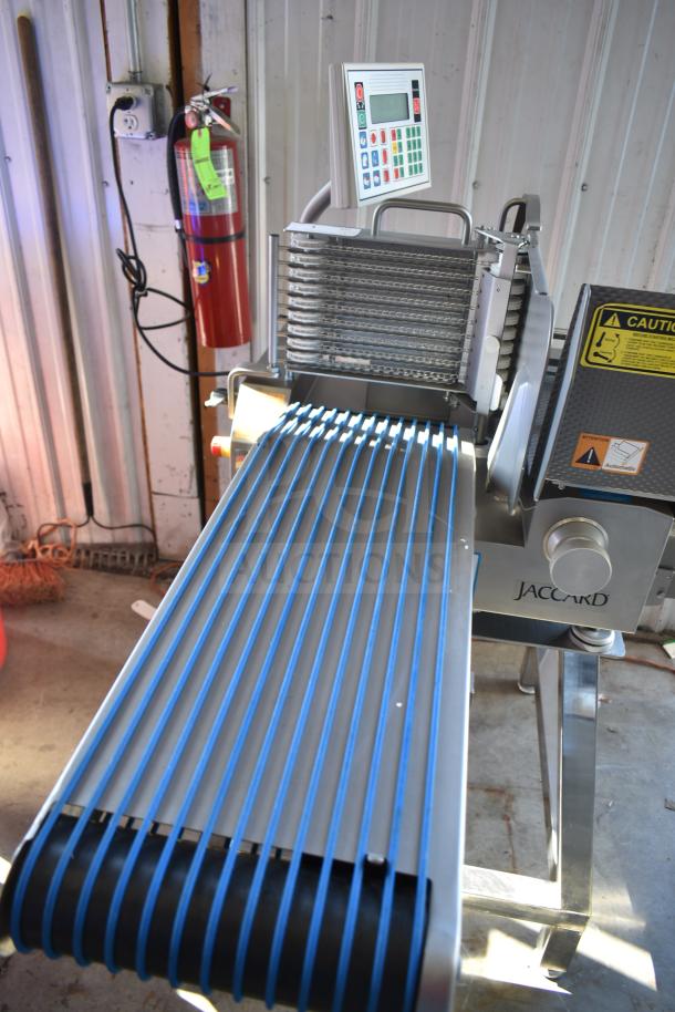 Jaccard Conveyor Commercial Floor Meat Slicer Stacker, 115V, 1 Phase, control panel visible, caution labels present.