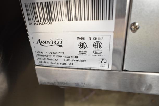 Brand new 2024 Avantco 177CHSME32IM 32" Electric Countertop Cheese Melter tag. Voltage: 208/240V. Serial: CK-240741R-147.