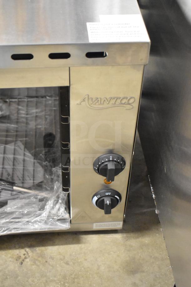 Brand new Avantco 177CHSME32IM 32" electric countertop cheese melter, 208/240V, with dials, slight scratches visible.