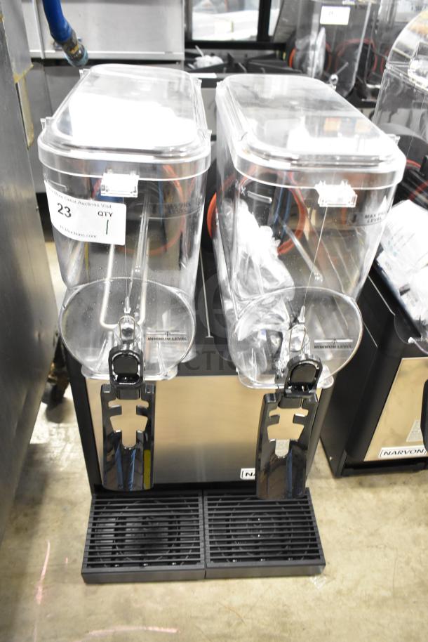 BRAND NEW Narvon Double 3 Gallon Bowl Beverage Dispenser, model 378RBD3G2, scratch and dent, 115V, transparent bowls.