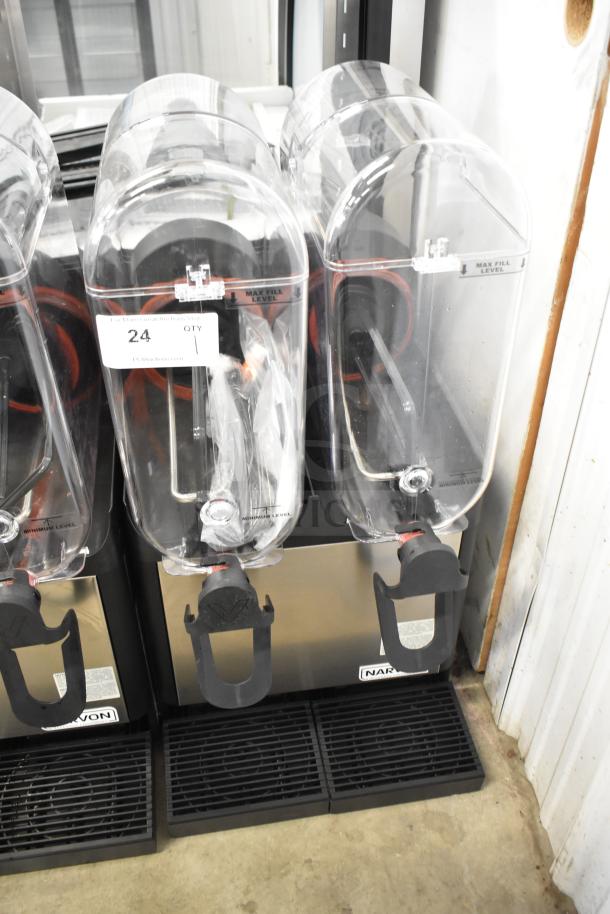 Brand new Narvon Double 3 Gallon Bowl Refrigerated Beverage Dispenser, model 378RBD3G2, showing minor scratches.