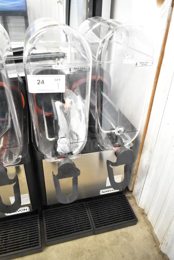 Brand new Narvon Double 3 Gallon Bowl Beverage Dispenser, model 378RBD3G2, with minor scratches, 115V, labeled max fill level.