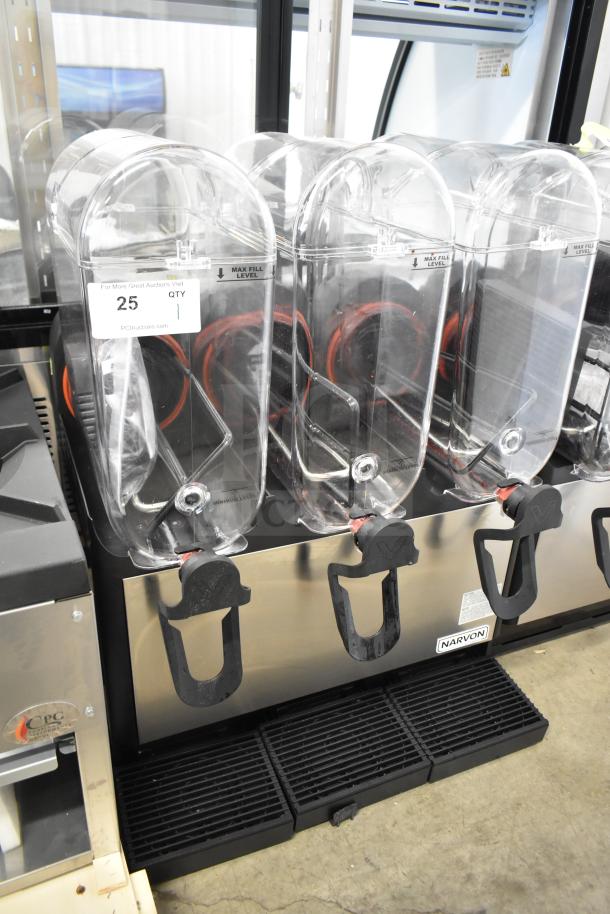 Brand new Narvon 378RBD5G3 triple 5-gallon bowl refrigerated beverage dispenser, 115V, scratch and dent condition.