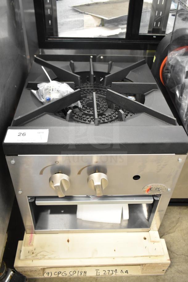 BRAND NEW Cooking Performance Group CPG-SP-18-N Natural Gas Stock Pot Range, 80,000 BTU, model 351CPGSP18N, visible knobs.