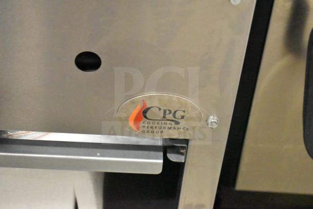Cooking Performance Group CPG-SP-18-N stock pot range label, showcasing brand logo on stainless steel finish.