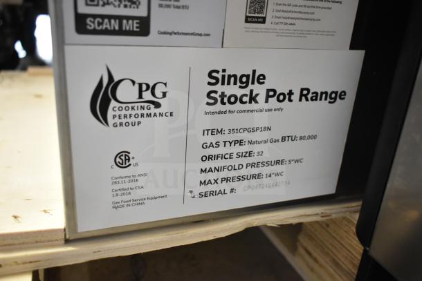 BRAND NEW Cooking Performance Group CPG-SP-18-N Natural Gas Stock Pot Range, 80,000 BTU, model 351CPGSP18N, scratch and dent condition.