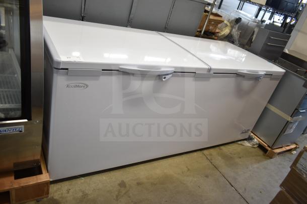 KoolMore SCF-24C commercial chest freezer, 77 in., 24 cu ft., 115V, 1 phase, brand new, minor scratches and dents visible.