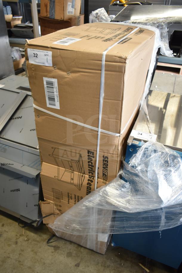 Boxed ServIt 423EST3WOPB Three Pan Open Well Electric Steam Table, brand new with visible scratches and dents.