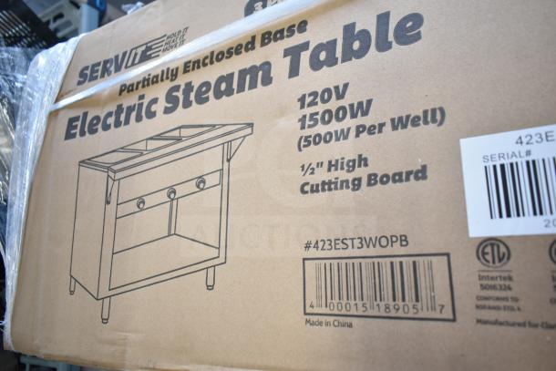 BRAND NEW ServIt 423EST3WOPB three pan electric steam table, 120V, 1500W, with partially enclosed base. Scratch and dent condition.