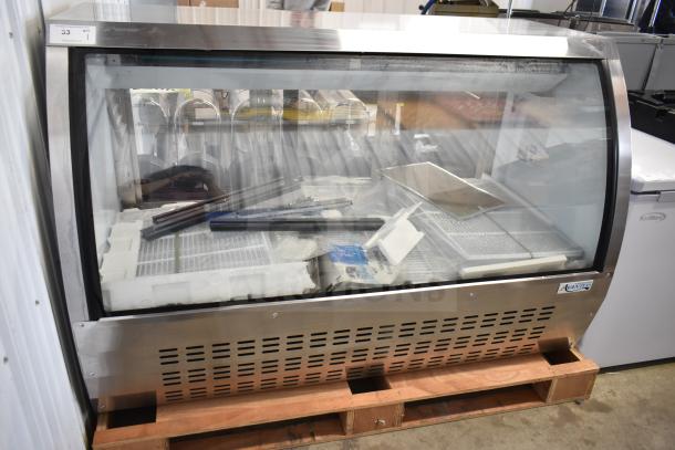 Brand new Avantco 178DLC64HCS 64" stainless steel curved glass refrigerated deli case with minor scratches and dents. 115 volts, 1 phase.