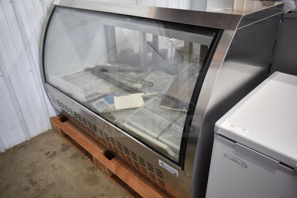 Brand new Avantco 178DLC64HCS 64" stainless steel curved glass refrigerated deli case. Scratch and dent model. 115 volts, 1 phase.