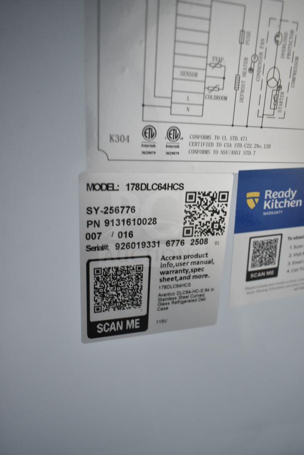 Avantco 178DLC64HCS 64" stainless steel refrigerated deli case label, includes model info, serial number, and QR code.