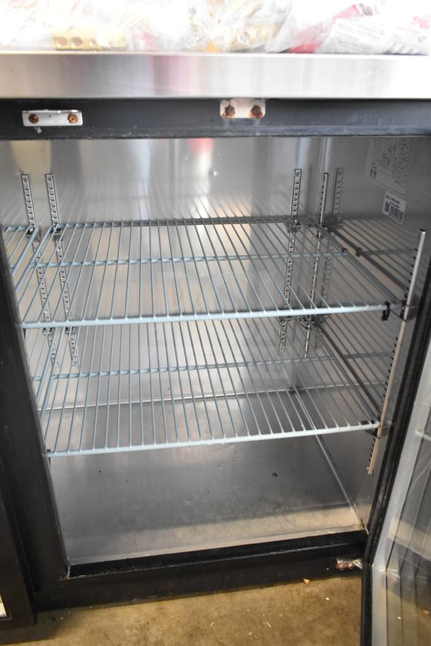 BRAND NEW EQ UBB-24-60G refrigerated back bar cabinet with two glass doors, 115V, 1 Phase, minor scratches.