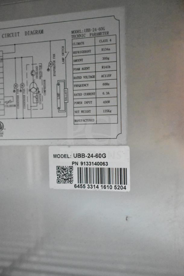 BRAND NEW EQ UBB-24-60G Commercial Refrigerated Back Bar Cabinet, 2 Glass Doors, 115V, 1 Phase, model tag details.