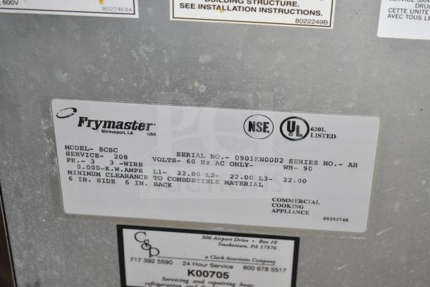 Frymaster 8CSC commercial pasta cooker label, showing model, serial number, voltage, and certification marks.