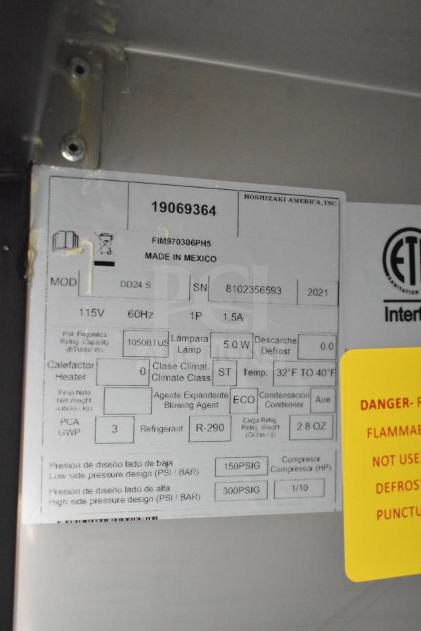2019 Hoshizaki DD24 S Commercial Kegerator label, showing model, voltage, refrigerant type, and other specifications.